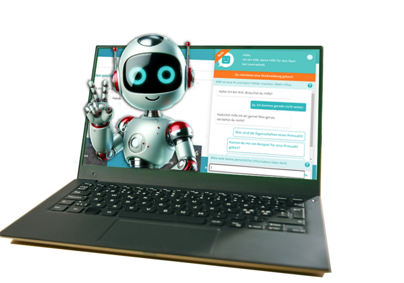 KI-Tutor Kim grüßt aus dem Laptop heraus