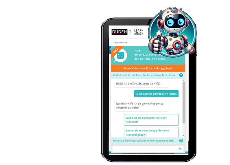 KI-Tutor Kim zeigen den Daumen hoch. Auf einem Handy wird mit dem KI-Tutor gelernt