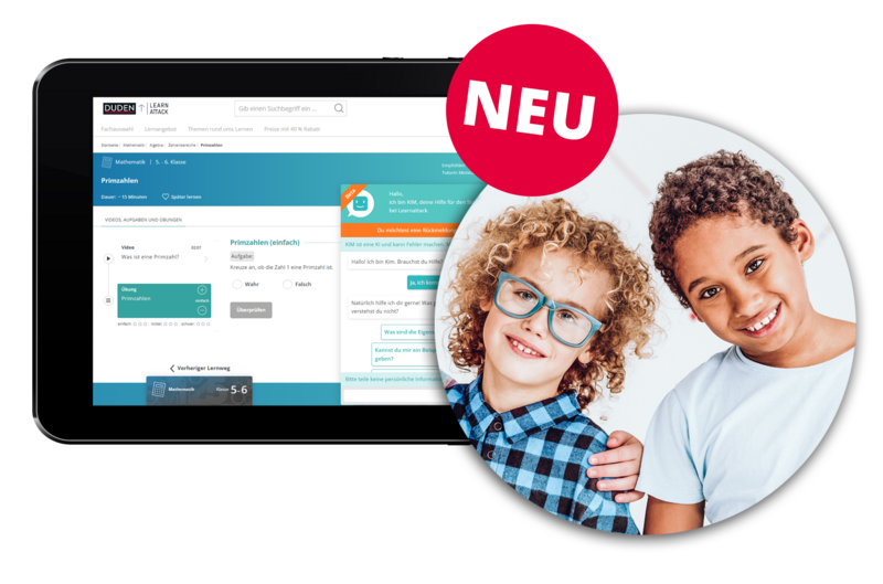 2 Kinder schauen auf ein Tablet mit Dudean Learnattack und KI-Tutor Kim