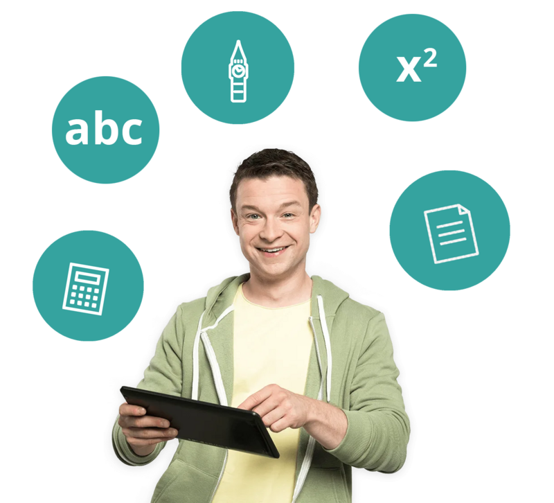 Tutor Ryan wird von Symbolen für Schulfächer umgeben