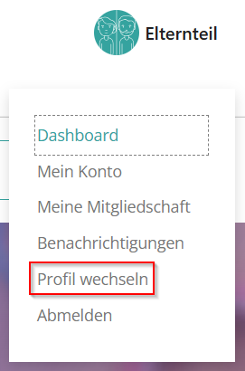 Dropdown-Menü mit Optionen: Dashboard, Mein Konto, Meine Mitgliedschaft, Benachrichtigungen, Profil wechseln (hervorgehoben), Abmelden.