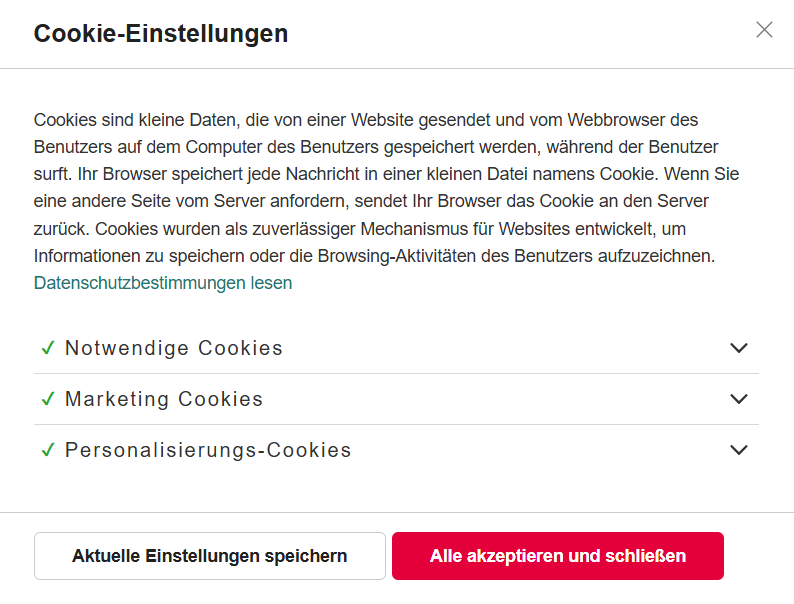 Bildschirm mit Cookie-Einstellungen und den Optionen: Notwendige Cookies, Marketing Cookies, Personalisierungs-Cookies. Buttons: 'Aktuelle Einstellungen speichern' und 'Alle akzeptieren und schließen'.