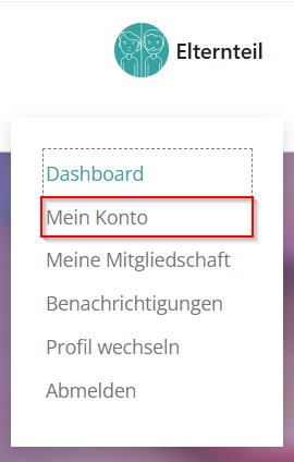 Navigationsmenü mit den Optionen: Dashboard, Mein Konto (hervorgehoben), Meine Mitgliedschaft, Benachrichtigungen, Profil wechseln, Abmelden.