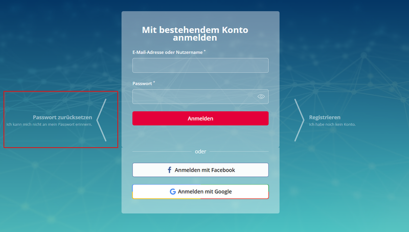 Login-Bildschirm mit Eingabefeldern für 'E-Mail-Adresse oder Nutzername' und 'Passwort'. Buttons für 'Anmelden', 'Anmelden mit Facebook' und 'Anmelden mit Google'. Link 'Passwort zurücksetzen' mit dem Text 'Ich kann mich nicht an mein Passwort erinnern.' sowie eine Registrierungsoption 'Ich habe noch kein Konto.
