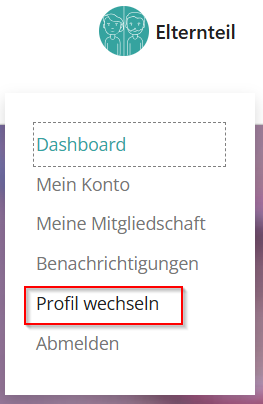 Dropdown-Menü mit den Optionen: Dashboard, Mein Konto, Meine Mitgliedschaft, Benachrichtigungen, Profil wechseln (hervorgehoben), Abmelden.