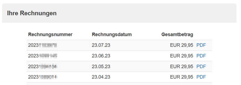 Tabelle mit dem Titel 'Ihre Rechnungen' und den Spalten: Rechnungsnummer, Rechnungsdatum, Gesamtbetrag. Sowie einem PDF Link.