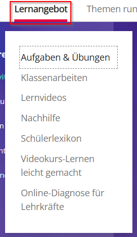 Geöffnetes Menü „Lernangebot“ mit Auswahl wie Aufgaben, Lernvideos, Nachhilfe und Schülerlexikon.