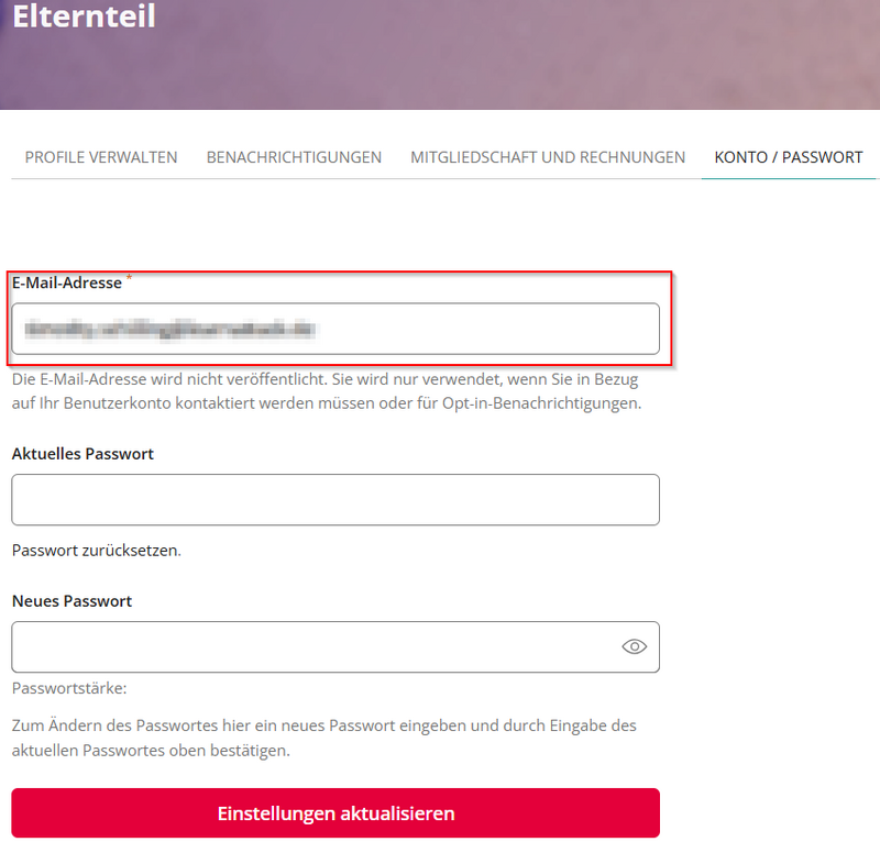 Abschnitt zur Aktualisierung der E-Mail-Adresse und des Passworts mit Eingabefeldern für die aktuelle E-Mail-Adresse, das aktuelle Passwort und das neue Passwort. Ein Button 'Einstellungen aktualisieren' ist ebenfalls vorhanden.