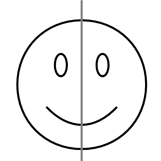 Ein Smiley mit einer Symmetrieachse in der Mitte. Seine linke und rechte Seite sind spiegelsymmetrisch zueinander.