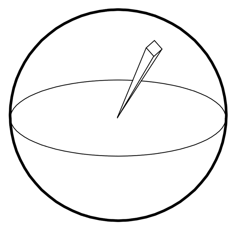 Ein Kugel mit einer Pyramide dessen Spitze genau im Mittelpunkt der Kugel ist. 