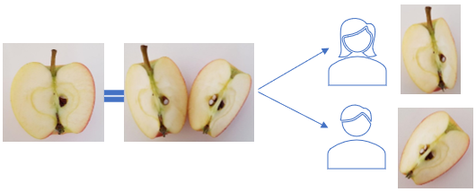 Ein halber Apfel wird auf zwei Personen aufgeteilt.