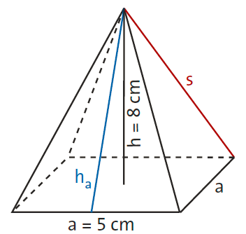Pyramide mit eingezeichneter Höhe und Seitenbezeichnungen
