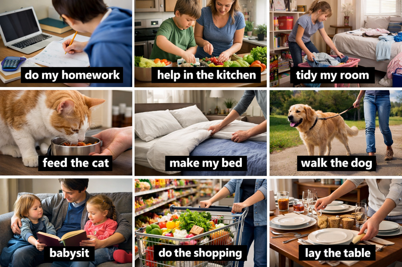 Jobs at home: do my homework, help in the kitchen/house/garden, tidy my room, feed the cat, make my bed, walk the dog, babysit, do the shopping, lay the table