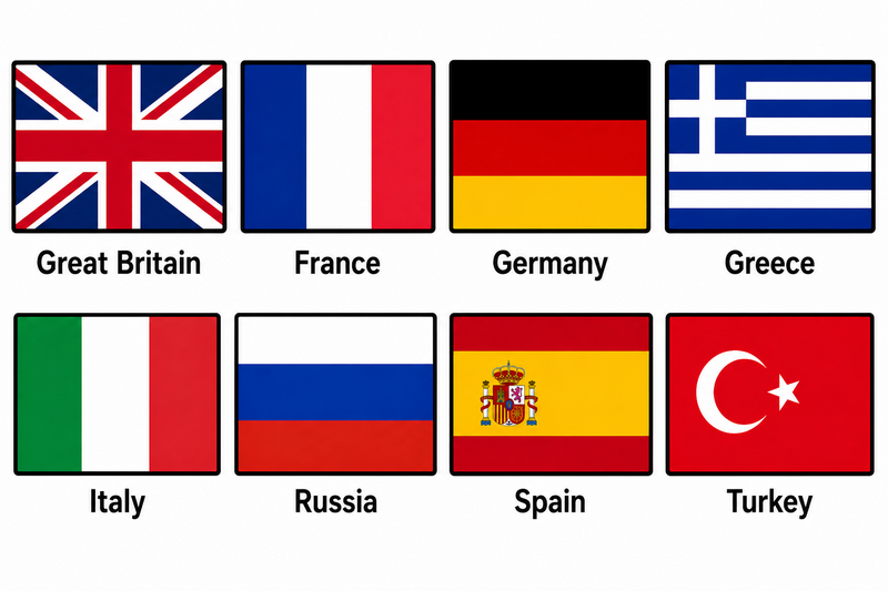 Great Britain, France, Germany, Greece, Italy, Russia, Spain, Turkey