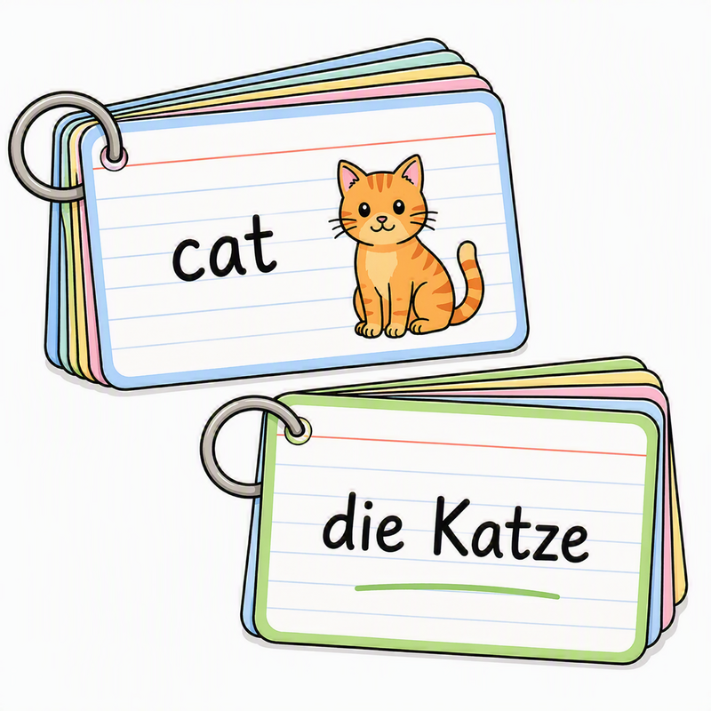Karteikarten beschriftet mit die Katze und cat