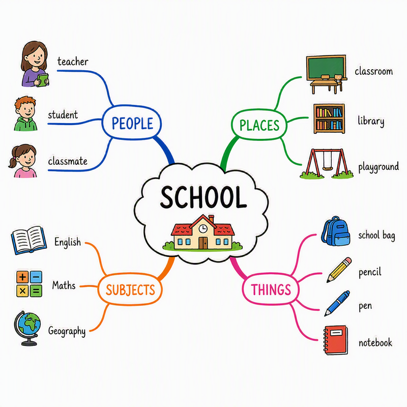 Mindmap zum Thema Schule: school - people, places, subjects, things