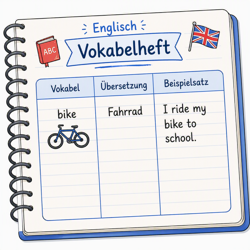Vokabelheft zu bike, Fahrrad, I ride my bike to school.