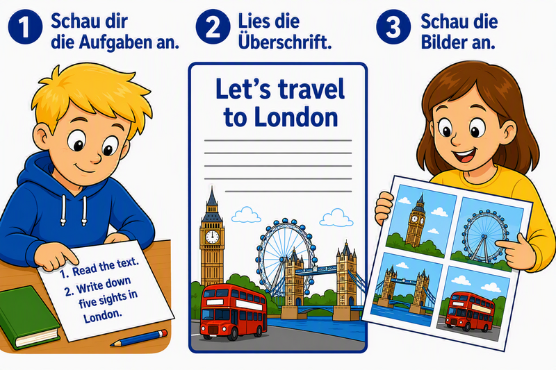 Vor dem Lesen: Lies die Aufgaben und die Überschrift. Schau dir die Bilder an.