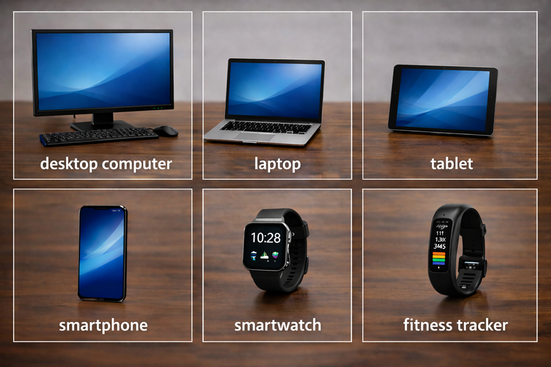 desktop computer, laptop, tablet, smartwatch, smartphone, fitness tracker