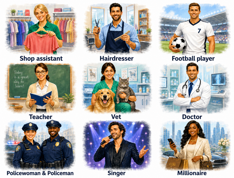 shop assistant, hairdresser, football player, teacher, vet, doctor, policewoman, policeman, singer, millionaire
