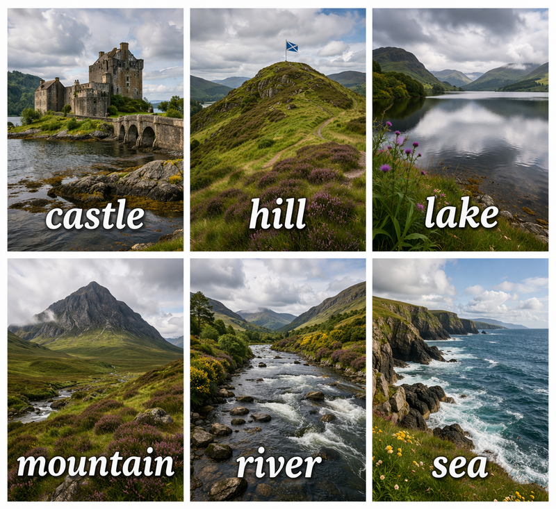 castle, hill, lake, mountain, river, sea